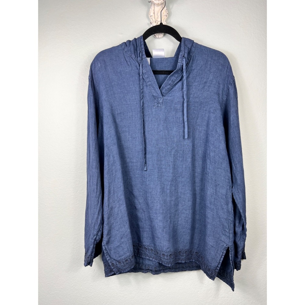 DKNY Women's 100% LINEN M Classic Navy‎ Blue Embroidered Hooded Top